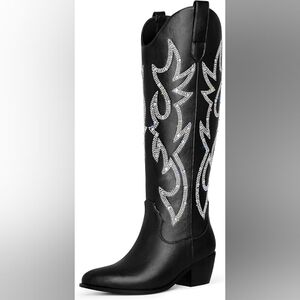 Western Cowboy Boots Wide Calf Rhinestone Cowgirl Boots Black Bling Sparkle